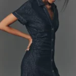 Short-Sleeve Ruched Denim Midi Shirt Dress Thumbnail 3