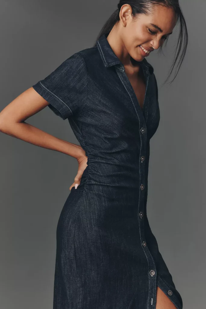 Short-Sleeve Ruched Denim Midi Shirt Dress Full Size Image 3