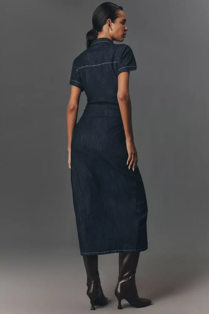 Short-Sleeve Ruched Denim Midi Shirt Dress Full Size Image 2