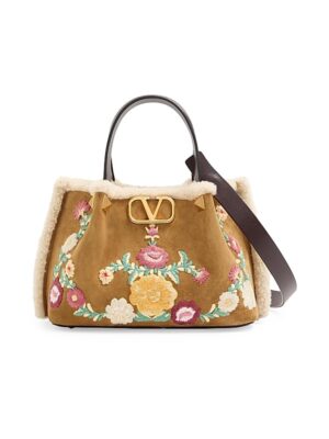 VALENTINO GARAVANI Small Top Handle Bag in Embroidered Suede with Sheepskin Lining