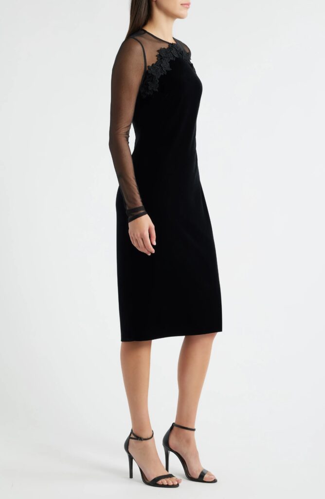 Floral Appliqué Long Sleeve Velvet Cocktail Dress Full Size Image 3