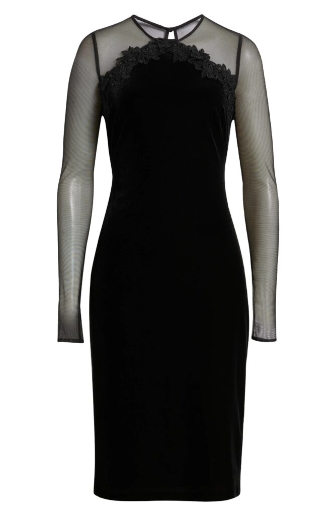 Floral Appliqué Long Sleeve Velvet Cocktail Dress Full Size Image 4