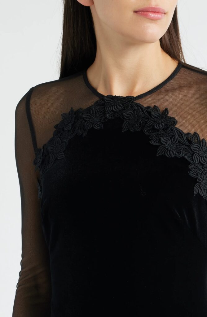 Floral Appliqué Long Sleeve Velvet Cocktail Dress Full Size Image 5
