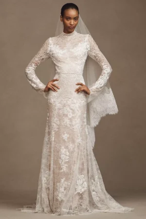 WATTERS Frances High-Neck Lace Sheath Wedding Gown