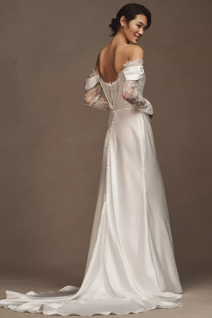 Harlow Off-The-Shoulder Satin & Lace Wedding Gown Full Size Image 4