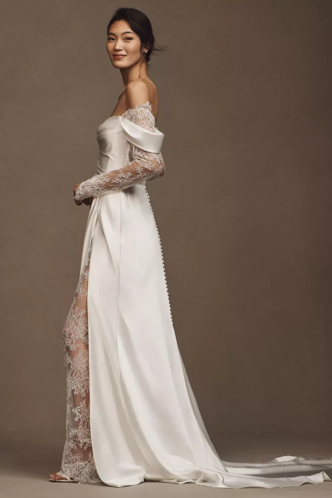 Harlow Off-The-Shoulder Satin & Lace Wedding Gown Full Size Image 3