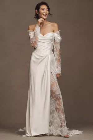 WATTERS Harlow Off-The-Shoulder Satin & Lace Wedding Gown