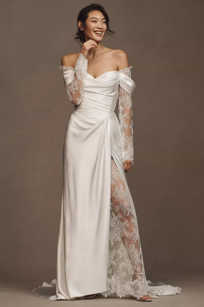 Harlow Off-The-Shoulder Satin & Lace Wedding Gown Full Size Image 1