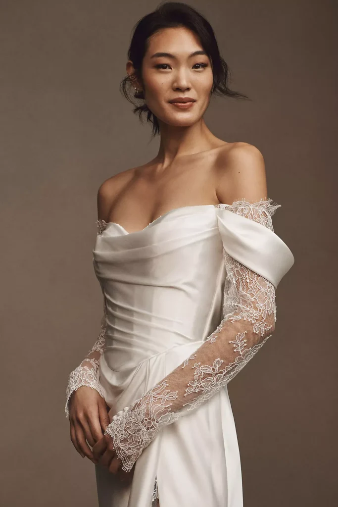 Harlow Off-The-Shoulder Satin & Lace Wedding Gown Full Size Image 2