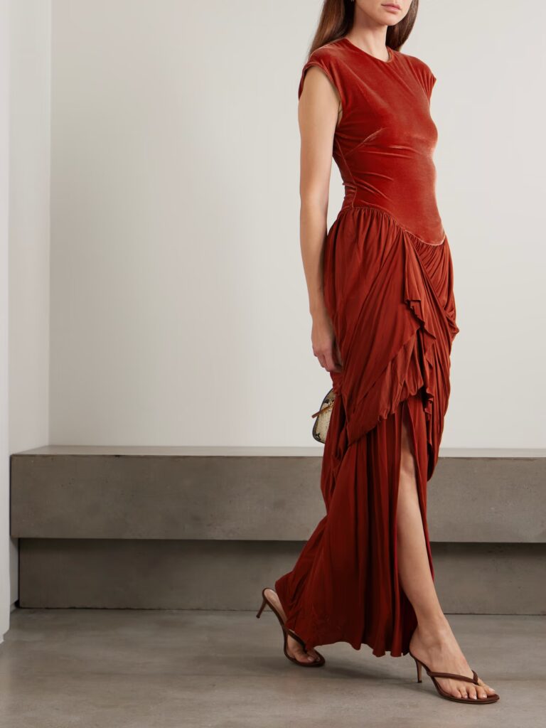 Memento Draped Pleated Velvet and Stretch-knit Maxi Dress Full Size Image 1