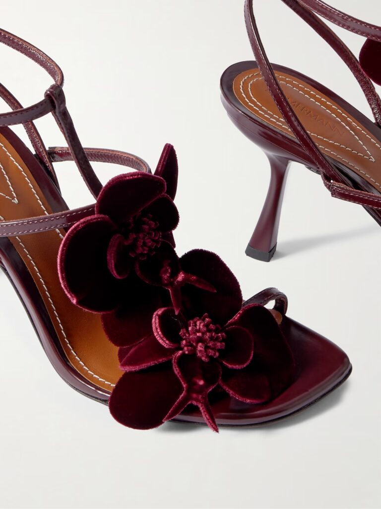 Orchid Appliquéd Velvet-trimmed Glossed-leather Sandals Full Size Image 3