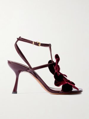 ZIMMERMANN Orchid Appliquéd Velvet-trimmed Glossed-leather Sandals