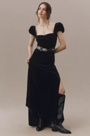 BHLDN Sweetheart Puff-Sleeve Lace-Back Maxi Dress