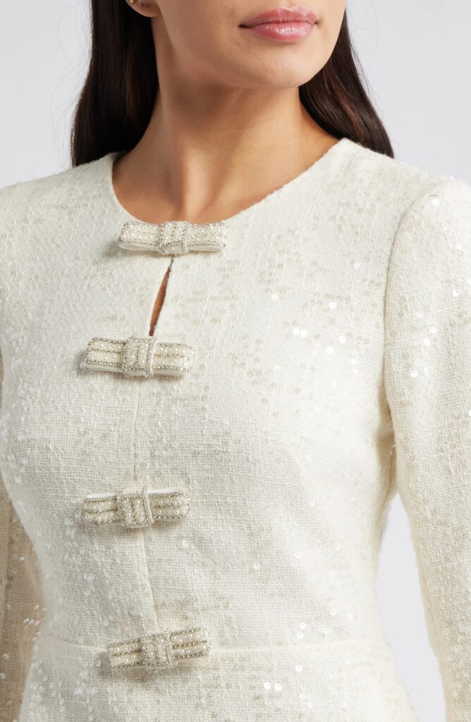 Bow Detail Sequin Tweed Sheath Dress Full Size Image 5