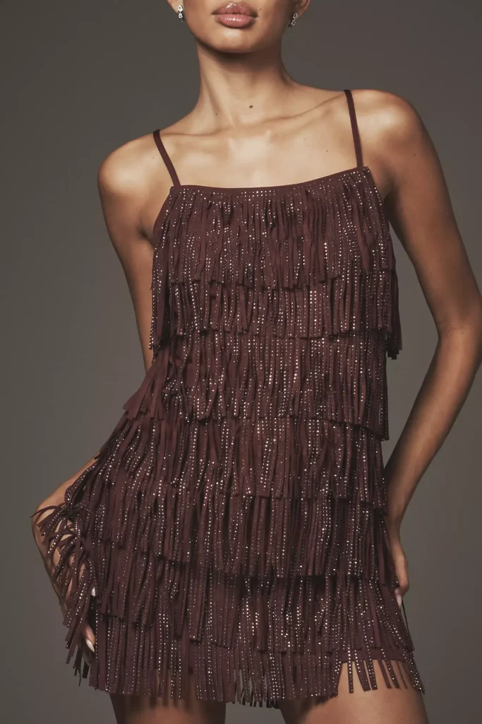 Square-Neck Fringe Mini Dress Full Size Image 3