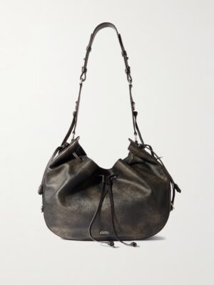 A dark brown Isabel Marant Bolton Pouch Leather Shoulder Bag with an adjustable strap, drawstring closure, and subtle metallic logo at the bottom center, displayed against a plain white background.