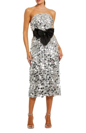 MAC DUGGAL Strapless Pailette Column Midi Dress with Bow