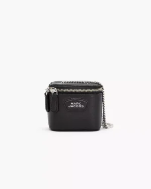 A small black Marc Jacobs The Mini Icon Stud Sack Bag with a silver zipper on top, a patch logo on the front, and a silver chain strap, placed against a plain white background.
