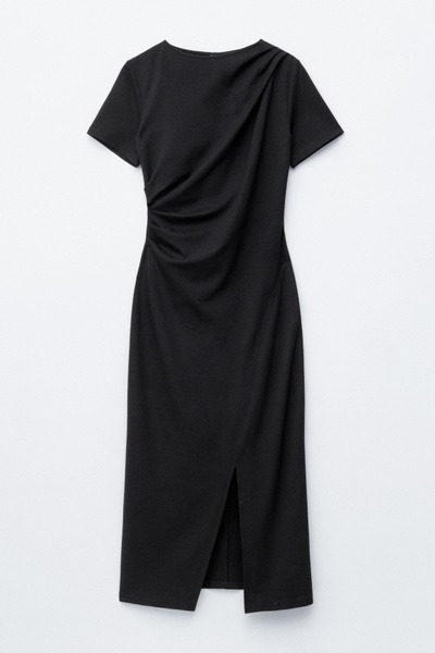 Draped Short-Sleeve Midi Dress Full Size Image 2