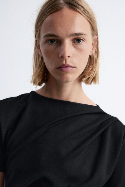 Draped Short-Sleeve Midi Dress Full Size Image 3