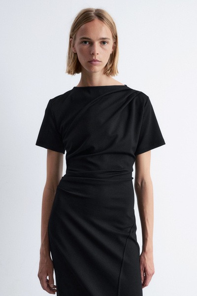 Draped Short-Sleeve Midi Dress Full Size Image 5