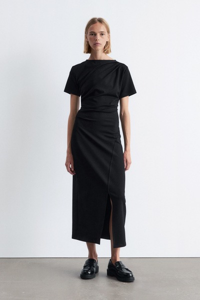 Draped Short-Sleeve Midi Dress Full Size Image 1
