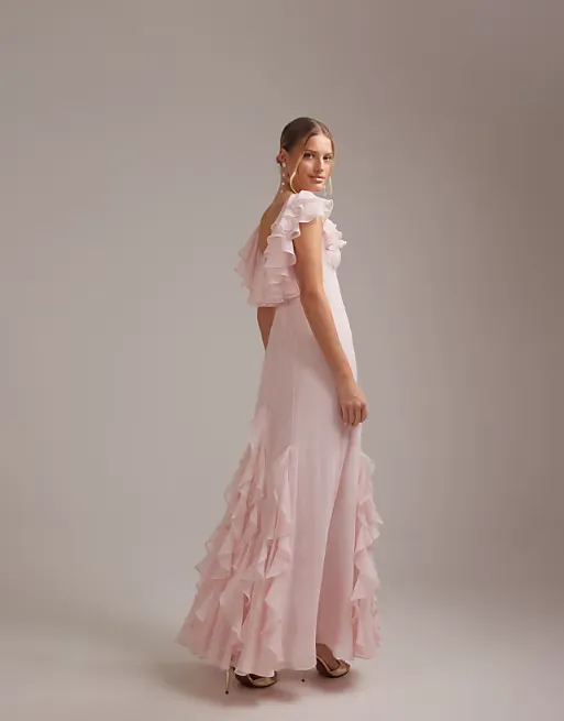 Bridesmaids Bardot Ruffle Chiffon Maxi Dress Full Size Image 3