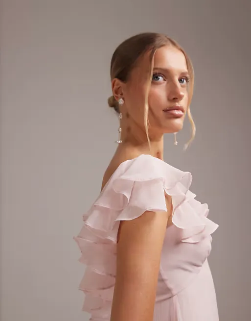 Bridesmaids Bardot Ruffle Chiffon Maxi Dress Full Size Image 4