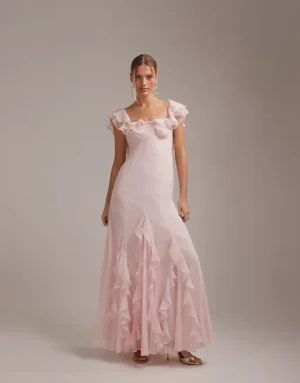 ASOS Bridesmaids Bardot Ruffle Chiffon Maxi Dress