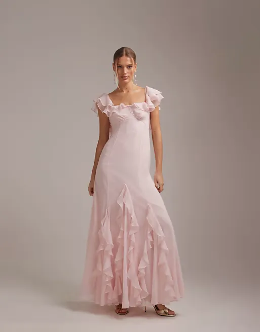 Bridesmaids Bardot Ruffle Chiffon Maxi Dress Full Size Image 1