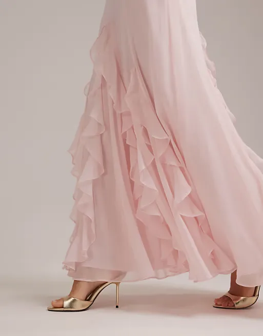 Bridesmaids Bardot Ruffle Chiffon Maxi Dress Full Size Image 2