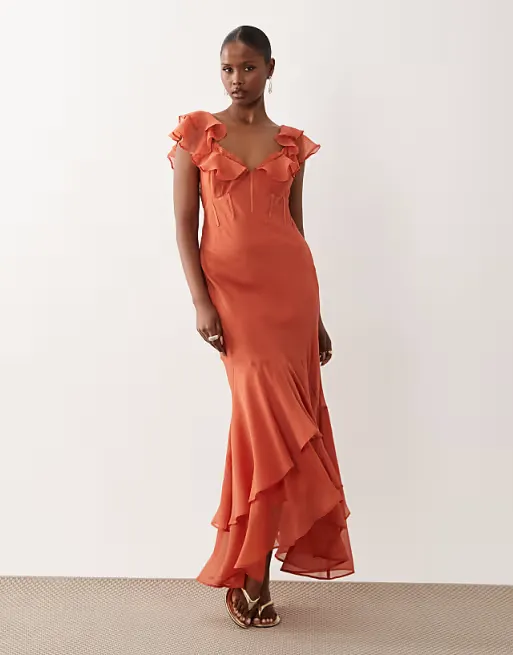 Frill Sleeve Maxi Dress with Fish Tail Hem Full Size Image 1