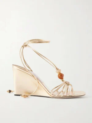 JIMMY CHOO Lova 85 Embellished Metallic Leather Wedge Sandals