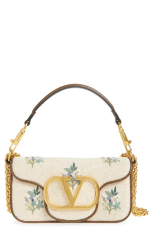 VALENTINO GARAVANI Small Loco Embroidered Linen Shoulder Bag