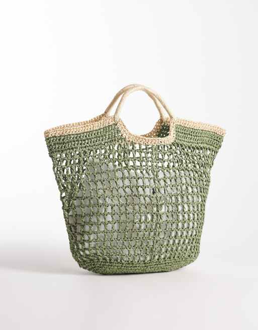 Top Handle Straw Bag with Contrast Piping Full Size Image 2