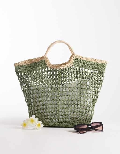 Top Handle Straw Bag with Contrast Piping Full Size Image 4