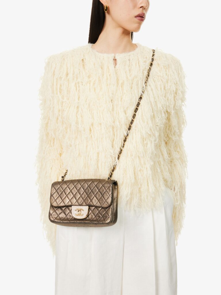 Small Metallic Iridescent Pearl CC Crystal Single Flap Bag Full Size Image 5