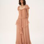 Gathered Long Ruffled Dress in Silk Mousseline Thumbnail 1