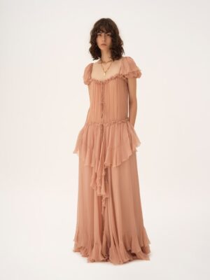 CHLOÉ Gathered Long Ruffled Dress in Silk Mousseline