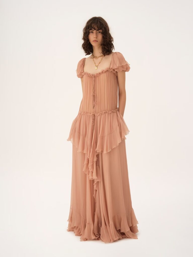 Gathered Long Ruffled Dress in Silk Mousseline Full Size Image 1