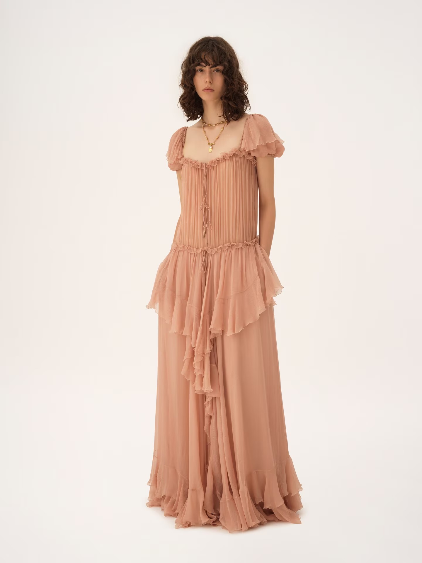 CHLOÉ Gathered Long Ruffled Dress in Silk Mousseline