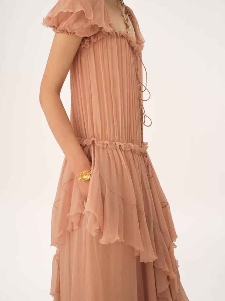 Gathered Long Ruffled Dress in Silk Mousseline Full Size Image 4