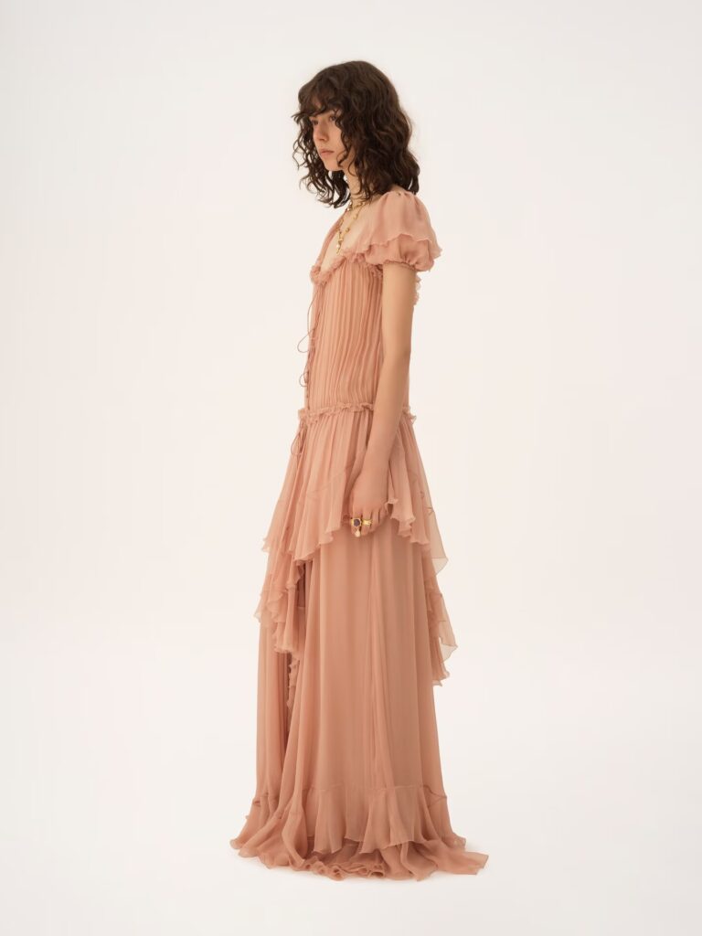 Gathered Long Ruffled Dress in Silk Mousseline Full Size Image 5
