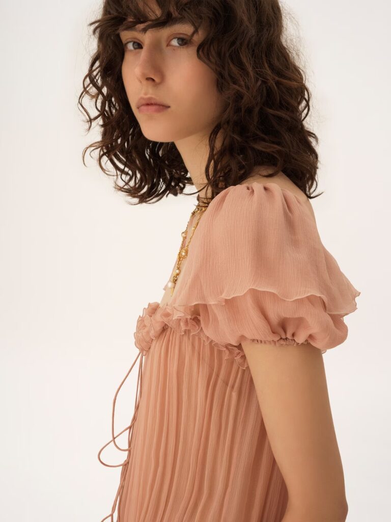 Gathered Long Ruffled Dress in Silk Mousseline Full Size Image 6