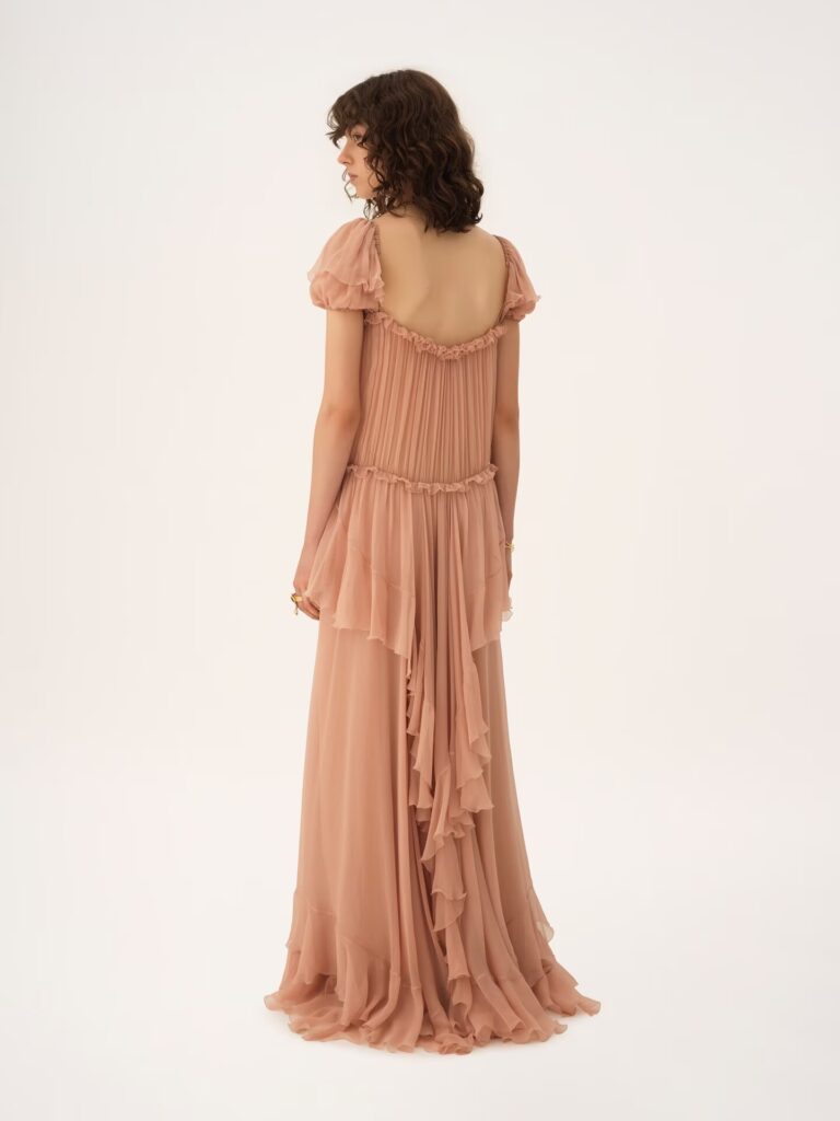 Gathered Long Ruffled Dress in Silk Mousseline Full Size Image 2