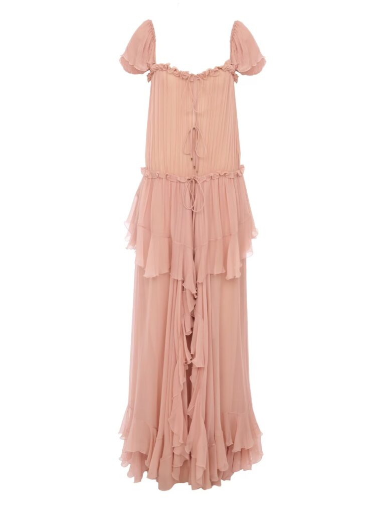 Gathered Long Ruffled Dress in Silk Mousseline Full Size Image 3
