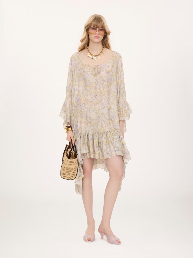 Knee-Length Ruffled Kaftan in Silk Charmeuse Full Size Image 1
