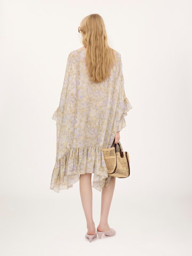 Knee-Length Ruffled Kaftan in Silk Charmeuse Full Size Image 3