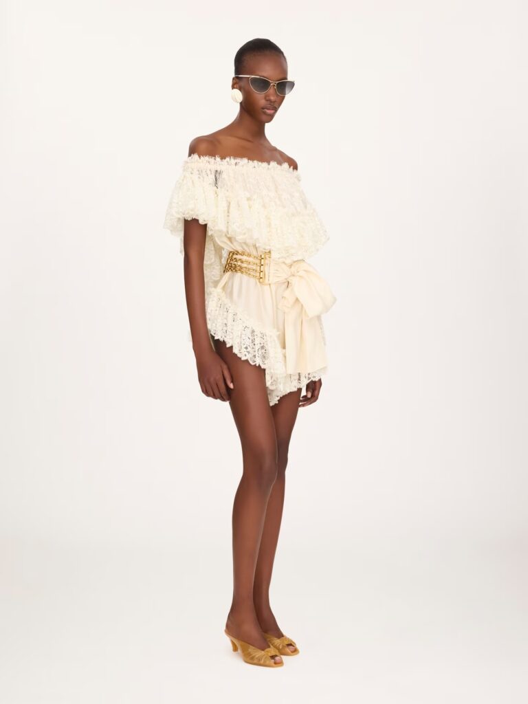 Off-The-Shoulder Mini Jumpsuit in Washed Silk Satin & Lace Full Size Image 1