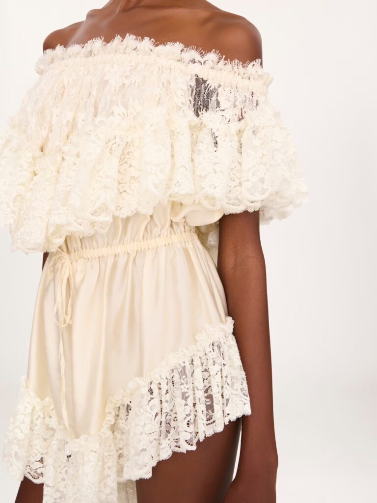 Off-The-Shoulder Mini Jumpsuit in Washed Silk Satin & Lace Full Size Image 3